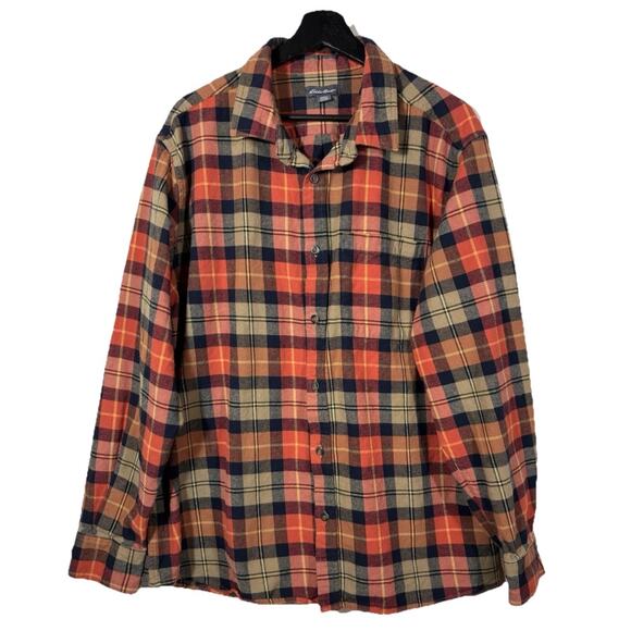 Eddie Bauer Mens Flannel Shirt XXL Orange Bristol Harvest Plaid Button Up Cotton - Picture 3 of 14